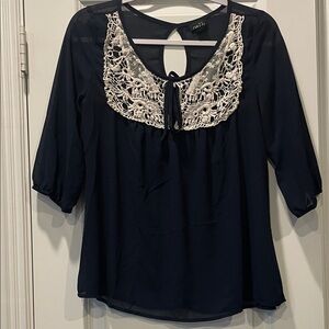 Rue21 Navy Peasant Blouse with Cream Crochet Yoke